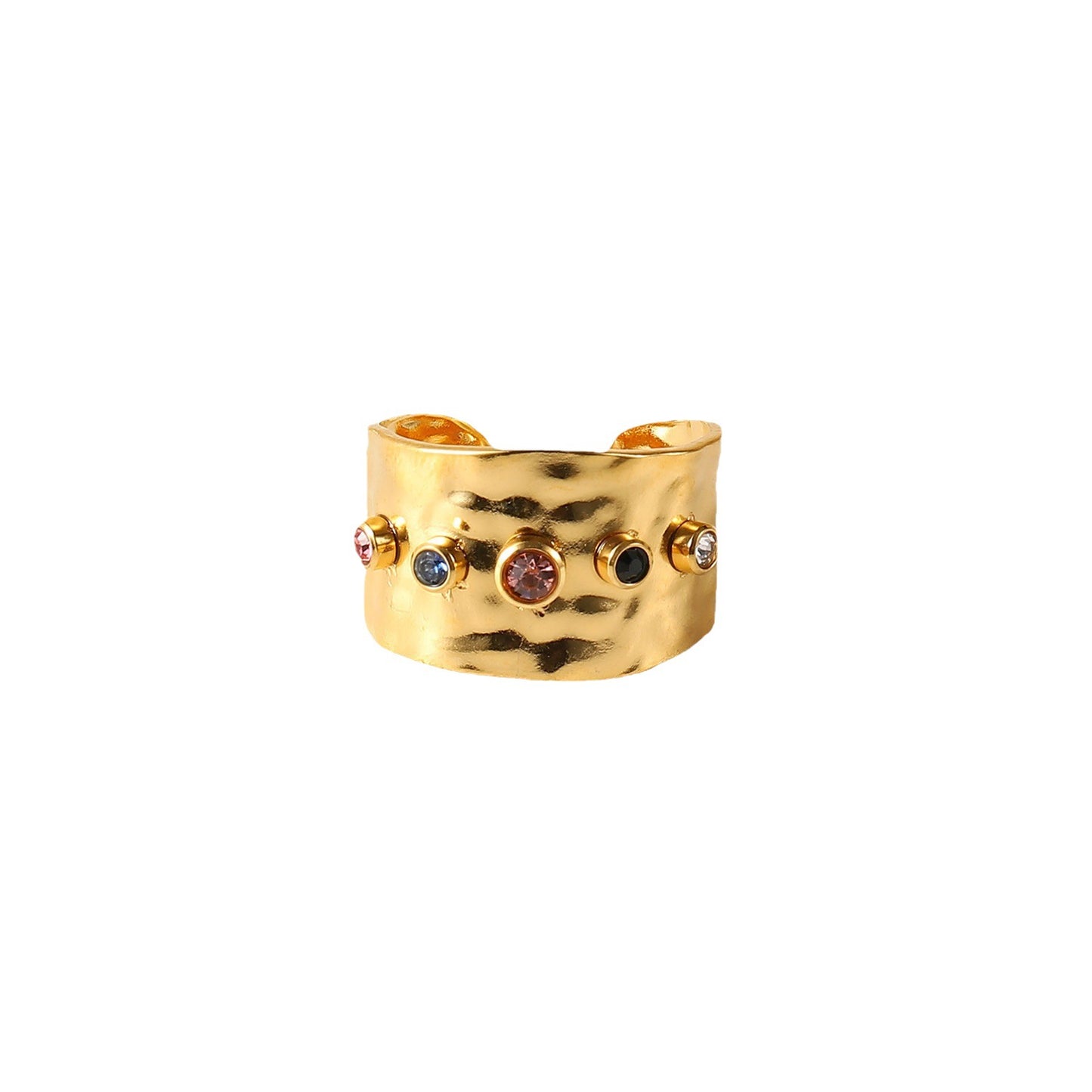 Anello aperto geometrico minimalista d'ispirazione per donna in acciaio inossidabile placcato oro 18 carati con accenti di zirconi colorati