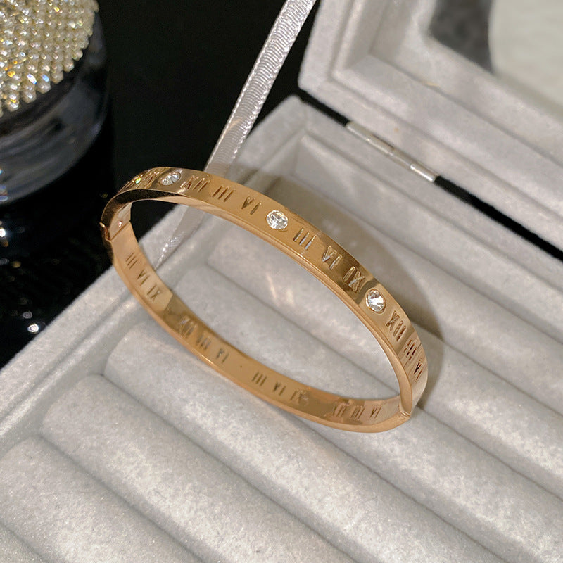 Luxury Roman Numeral Geometric Rhinestone Inlay Titanium Steel Plated Bracelet