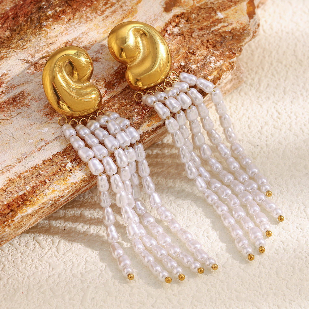 Minimalist Geometric Stainless Steel Earrings with 18K Gold Plating and Simulated Pearl Accents for Women