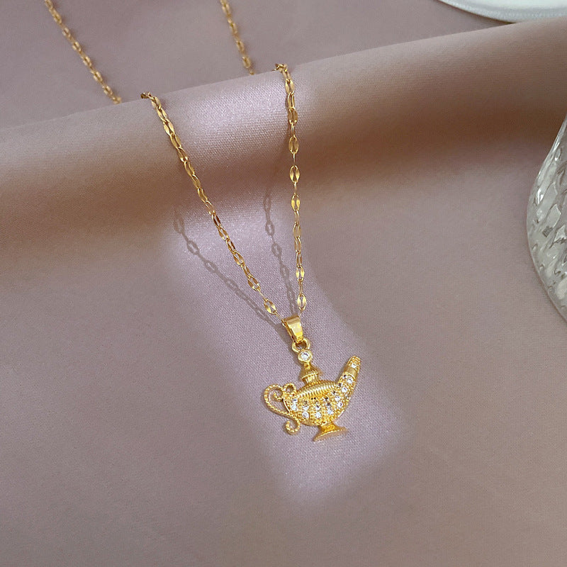 Exotic Style Geometric Lamp Pendant Necklace in Titanium Steel with Micro-Pave Zirconia and Gold-Plated Copper Charm