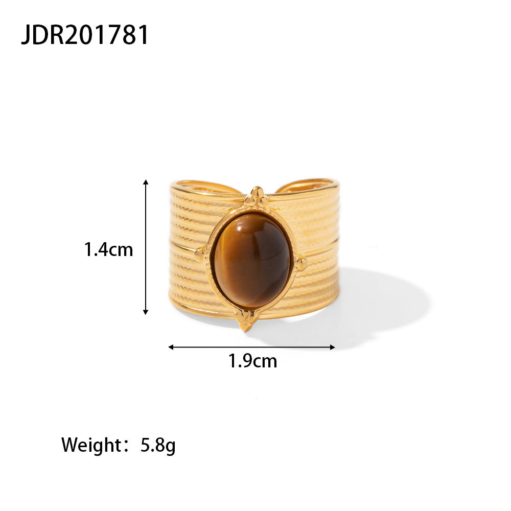 Anello da donna con intarsio in pietra, design geometrico irregolare, in acciaio inossidabile placcato oro 18K, stile vintage francese