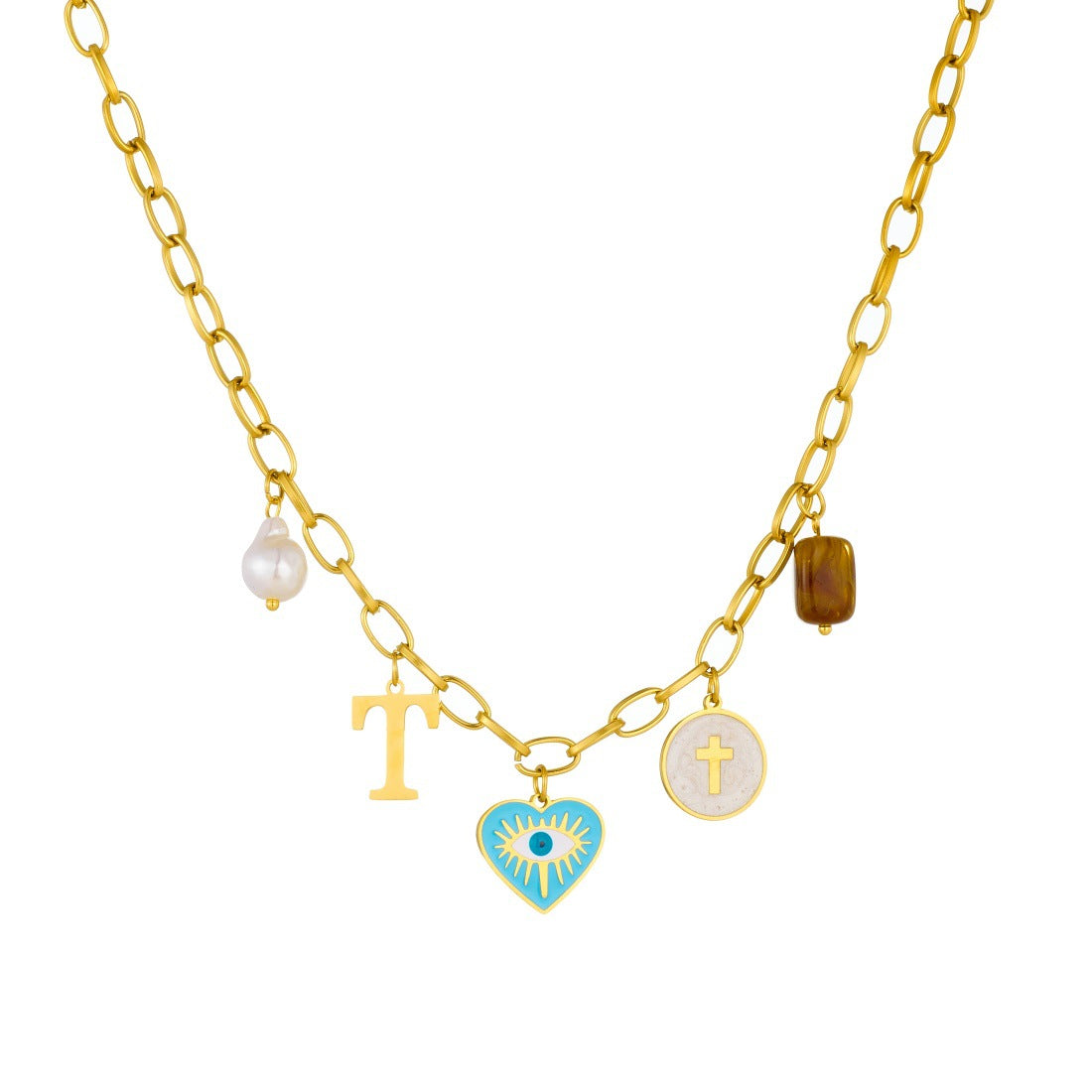 Sweet Cartoon Drip Oil Heart Eye Letter Round Pendant Stainless Steel Curb Chain Necklace for Women