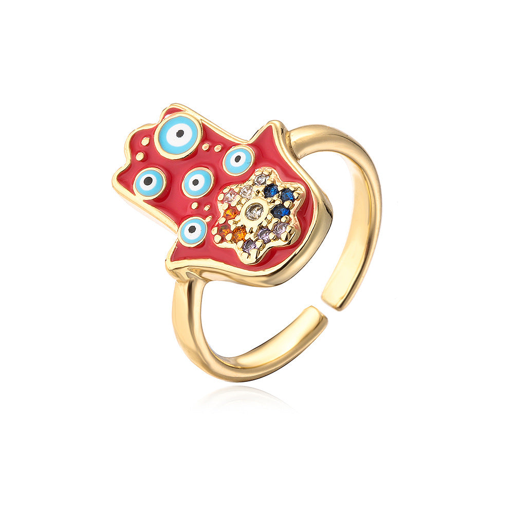 Ins Style Geometric Shaped Copper Ring with Gold Plating and Enamel Evil Eye and Hamsa Hand Design