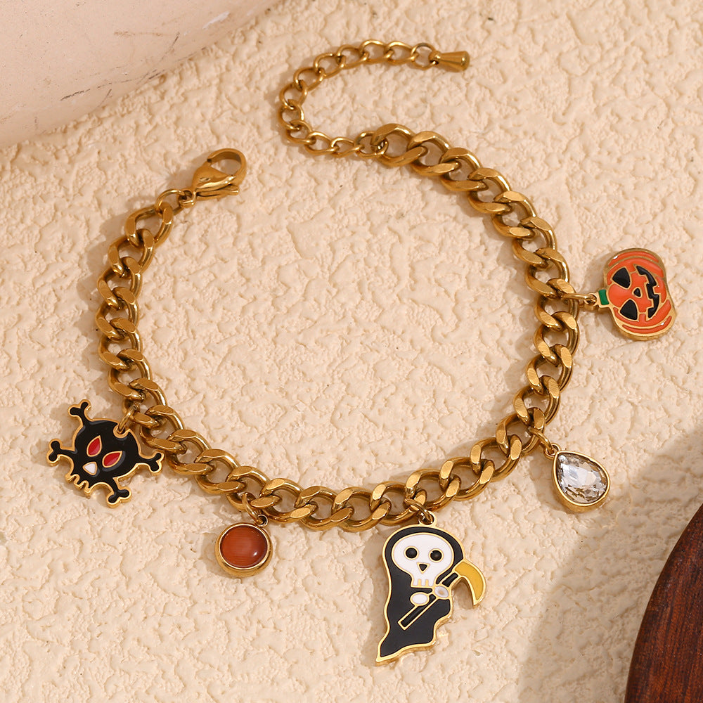 Cute and Playful Halloween Pumpkin Skull Pendant Bracelet in Stainless Steel with 18K Gold Plating, Geometric Design, Fashionable Office Wear Style