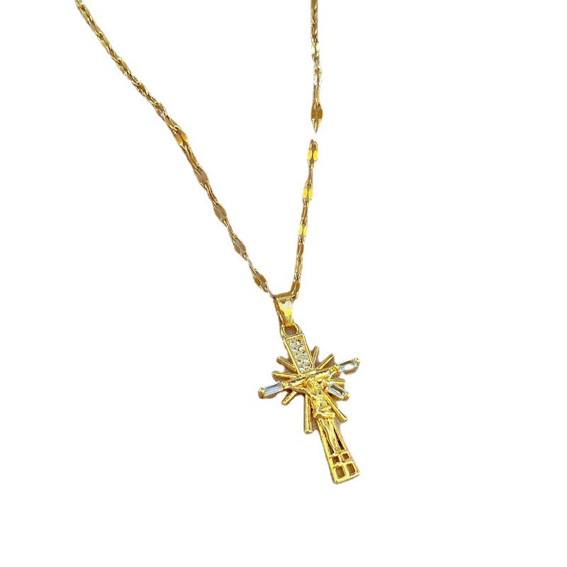 Collana con ciondolo a croce geometrica minimalista in acciaio al titanio con intarsio in rame placcato oro per uomo e donna