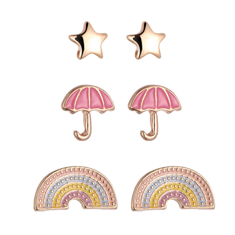 Orecchini a perno geometrici a forma di stella con ombrello arcobaleno a fumetti per bambini, realizzati in lega con finitura smaltata