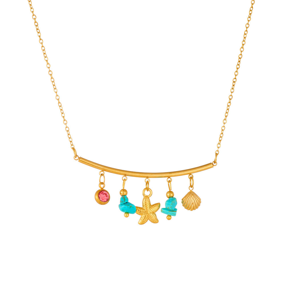 Bohemian Gold Plated Stainless Steel Round Star Necklace with Blue Crushed Stone and Rhinestone for Women