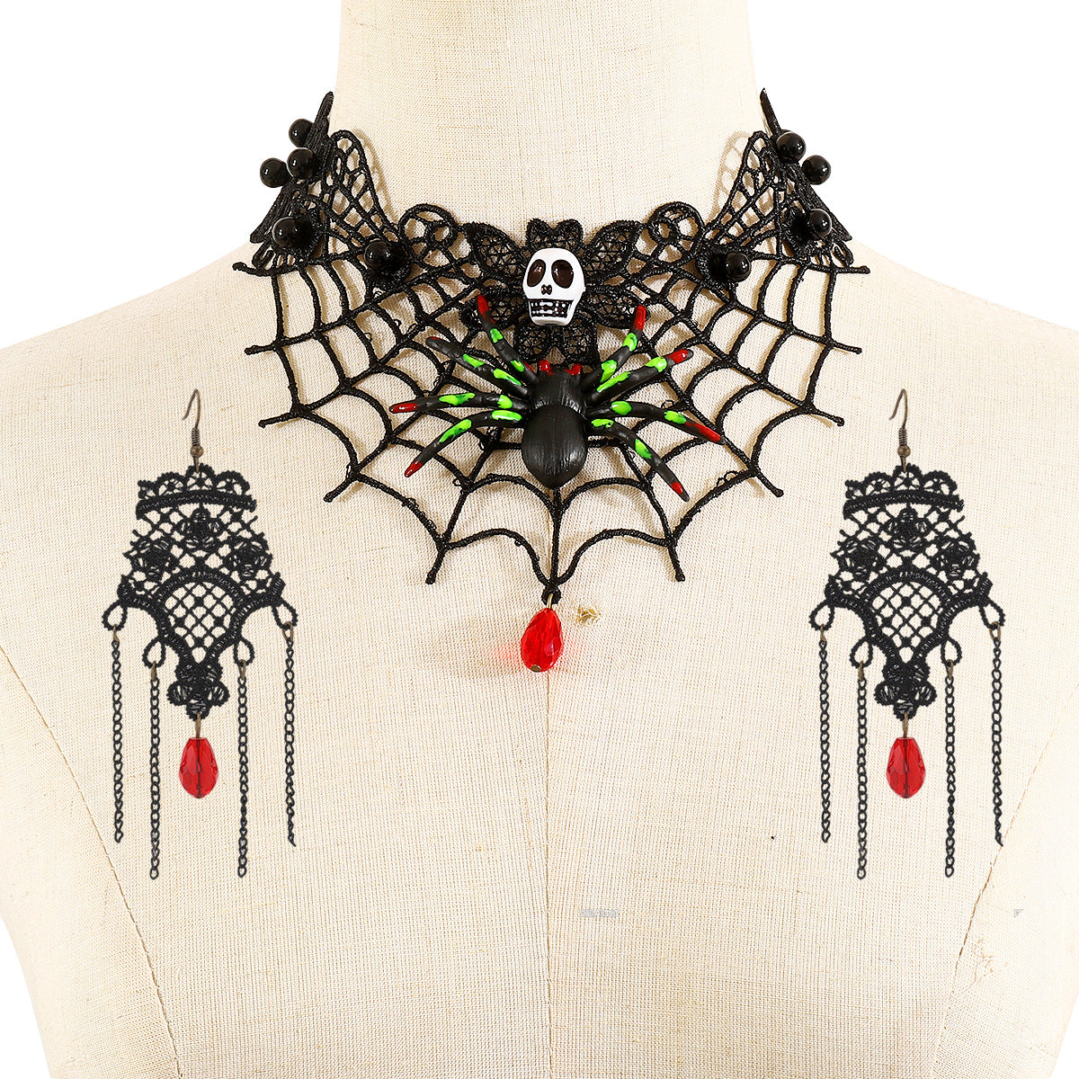 Conjunto de collar de encaje con calavera gótica oscura de Halloween y telaraña con colgante de diamantes de imitación para mujer