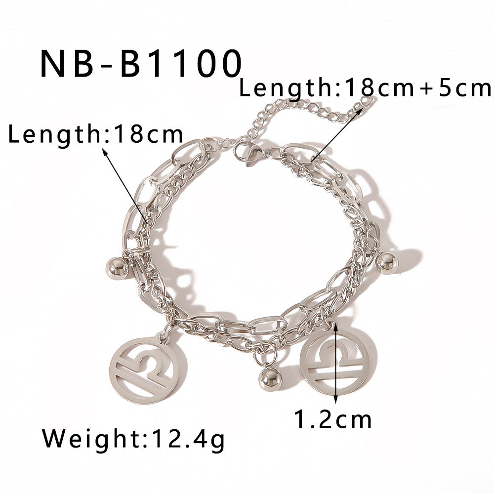 INS Style Zodiac Bracelet with Double Layer Cuban Link Chain Stainless Steel Pendant and 18K Vacuum Plated Finish