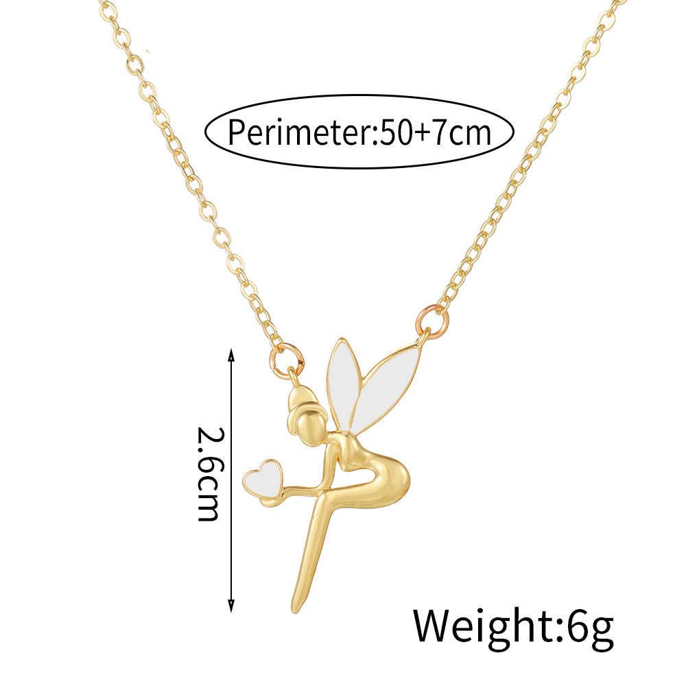 Geometric Drip Oil Brass Angel Pendant Necklace Cable Chain for Women