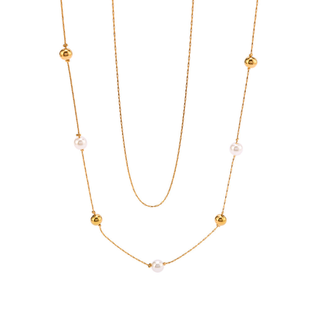 Collana a doppio strato minimalista con perle a sfera in acciaio al titanio placcato oro 18 carati da donna