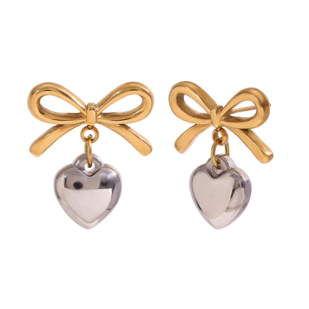 Vintage-Inspired Geometric Hollow-Woven Stainless Steel Ear Studs with 18K Gold Plating and Heart Shape Accent