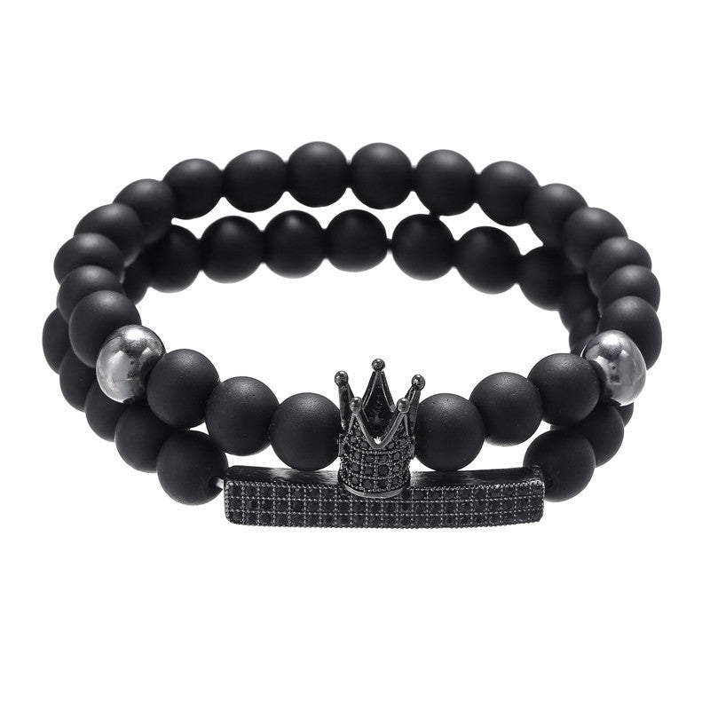 Casual Geometric Crown Alloy Bracelet Set with Micro-Inlaid Cubic Zirconia and Black Lava Stone
