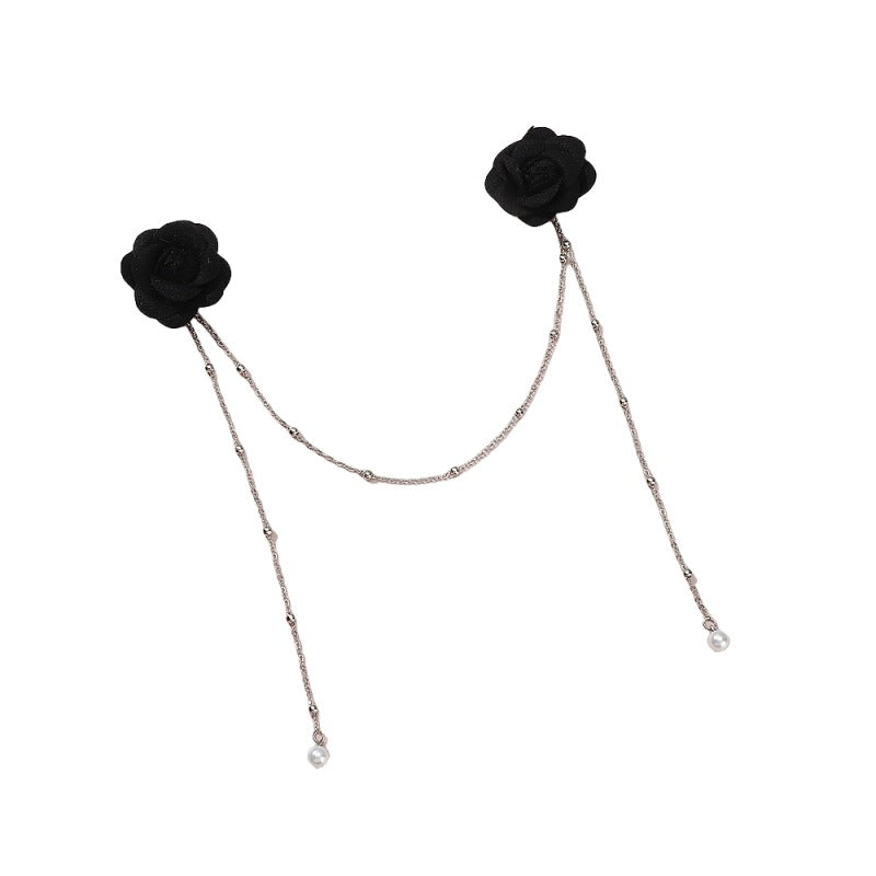 Minimalist Dark Night Rose Tassel Pearl Hair Clip Set for Kids with Metal Flower Design