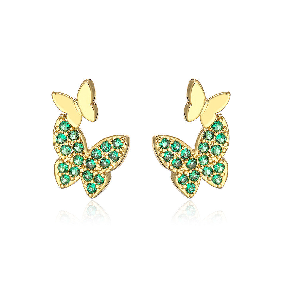 Minimalist Butterfly-Shaped Copper Earrings with Gold Plating and Micro-Pave Zirconia Accents