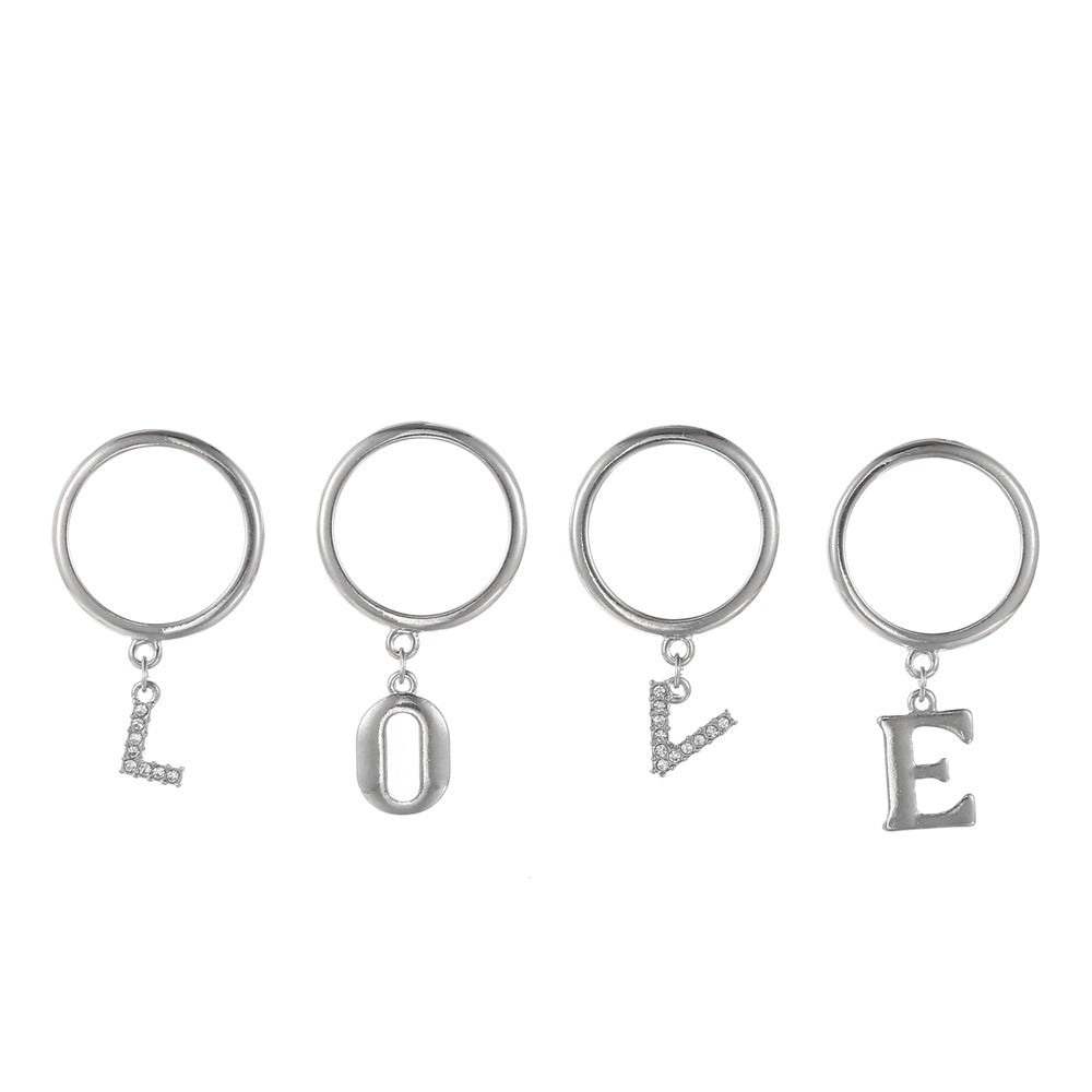 Sweet Geometric Letter Alloy Ring with Rhinestone Inlay LOVE Design Set of 4