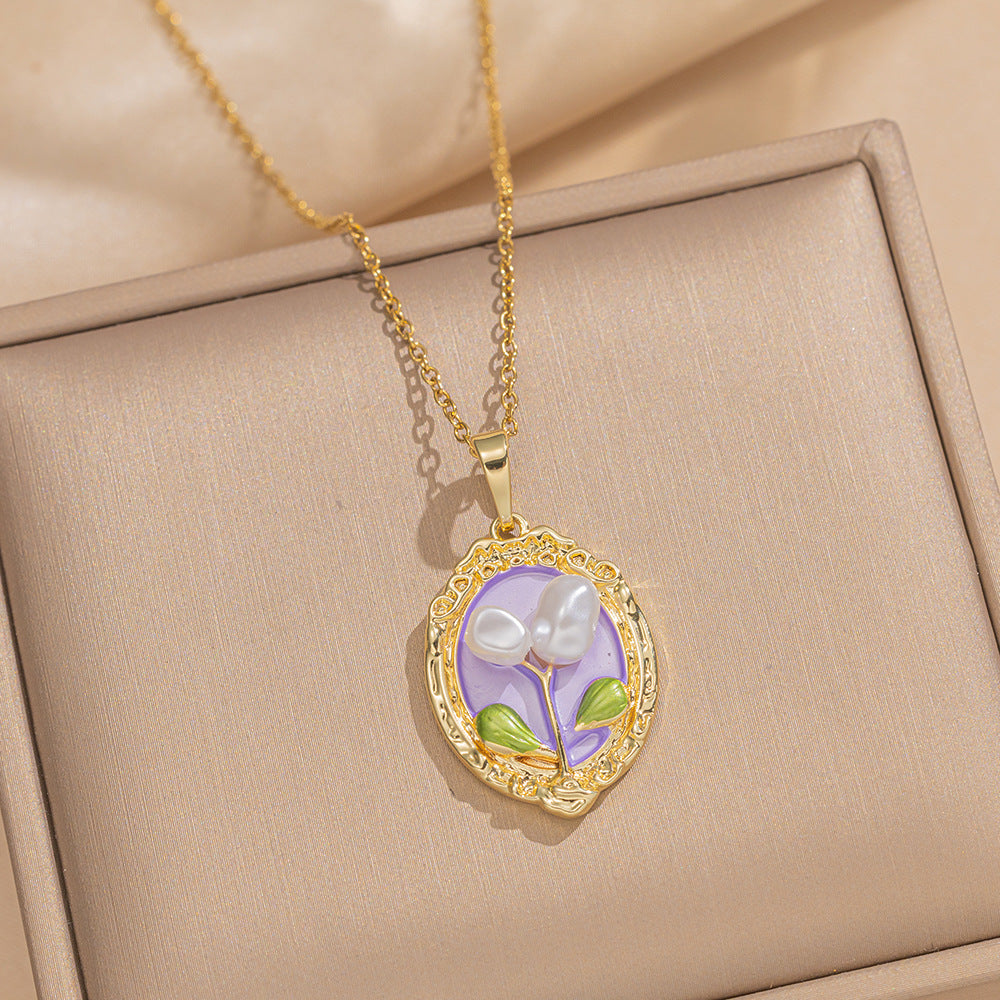 Elegant French Vintage Enamel Floral Pendant Necklace in Titanium Steel with Tulip Rose and Camellia Motifs on O-Chain