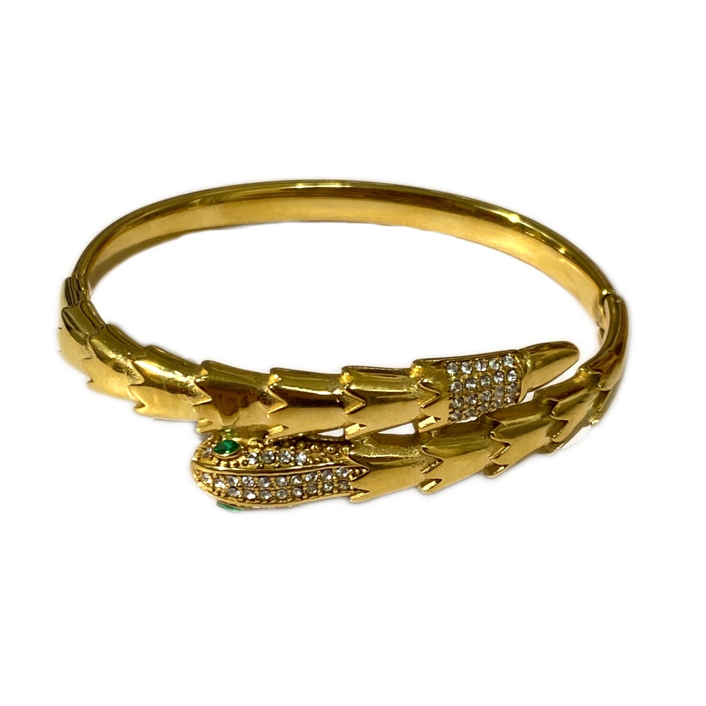 Vintage Streetwear Rhinestone Inlaid Snake Shape Stainless Steel Snake Chain Bracelet with Green Eyes