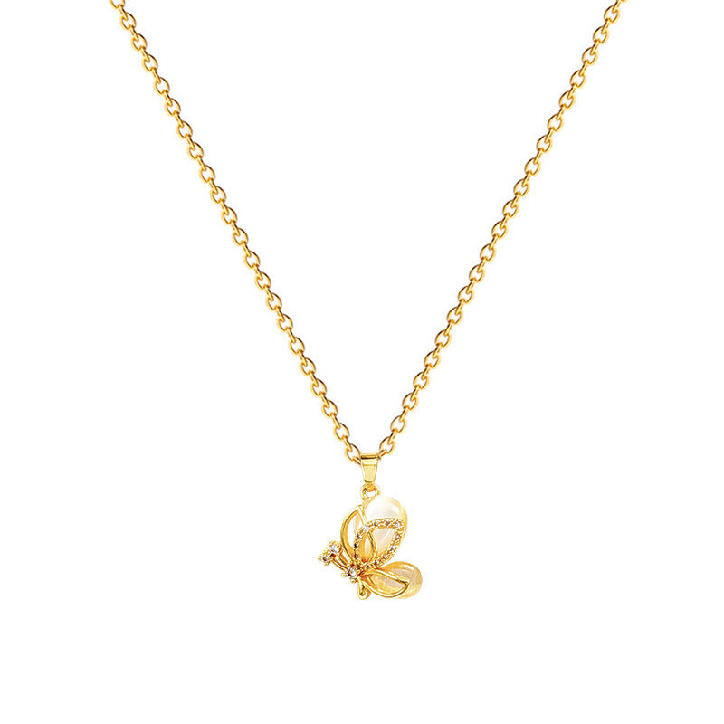 Sweet Butterfly Cat's Eye Rhinestone Titanium Steel Necklace for Women and Men