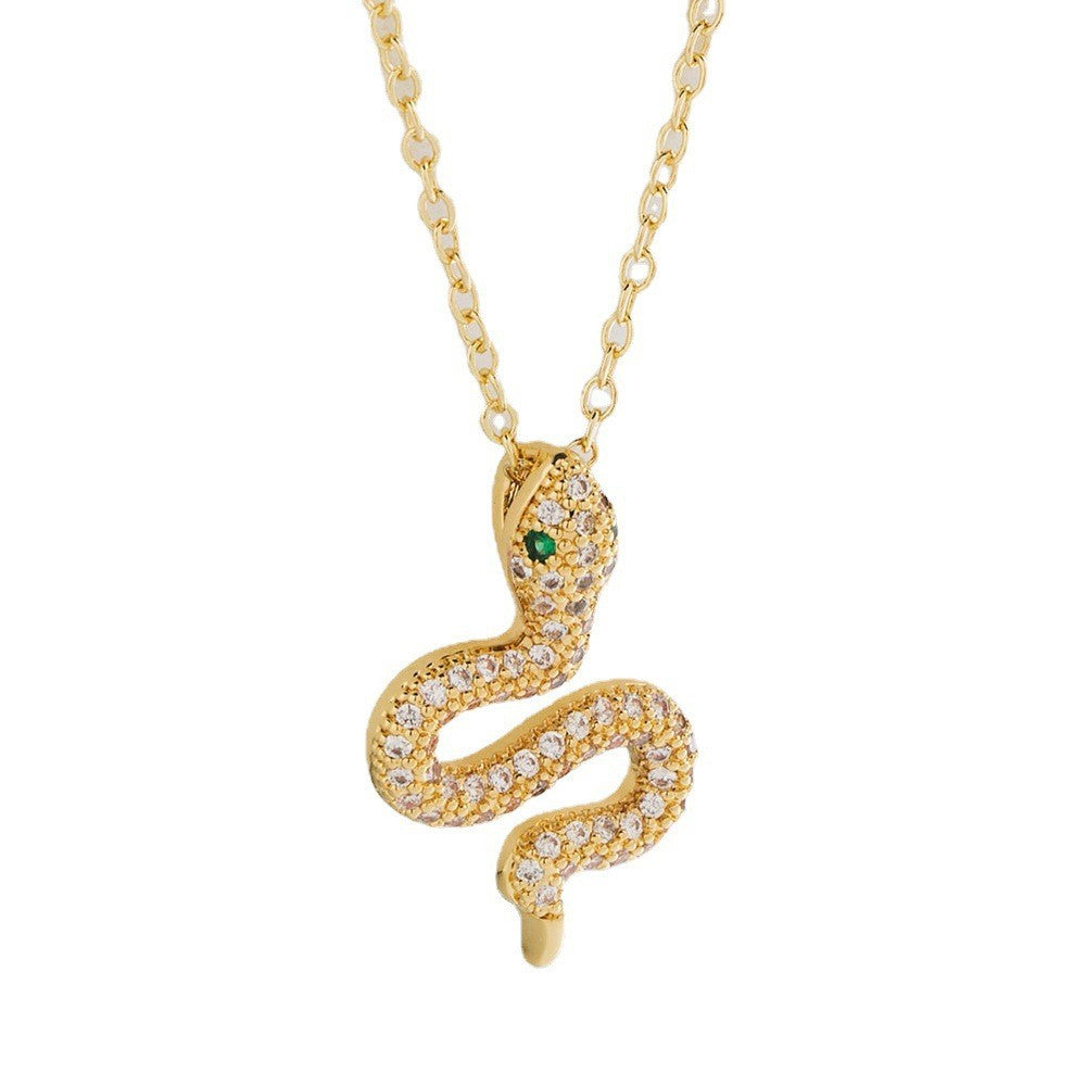 Minimalist Geometric Snake Pendant Necklace for Women in Copper with 18K Gold Plating and Micro-Paved Zirconia