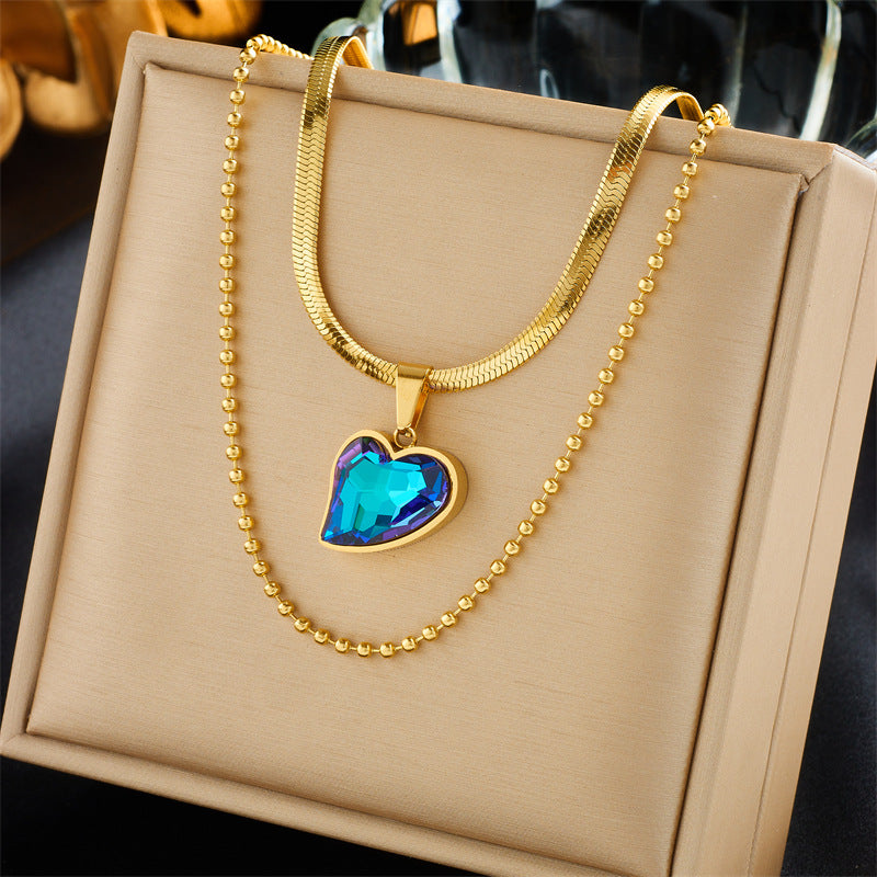 Minimalist Vintage-Inspired Heart and Butterfly Pendant Necklace with Rhinestone Inlay in Stainless Steel on Adjustable Chain