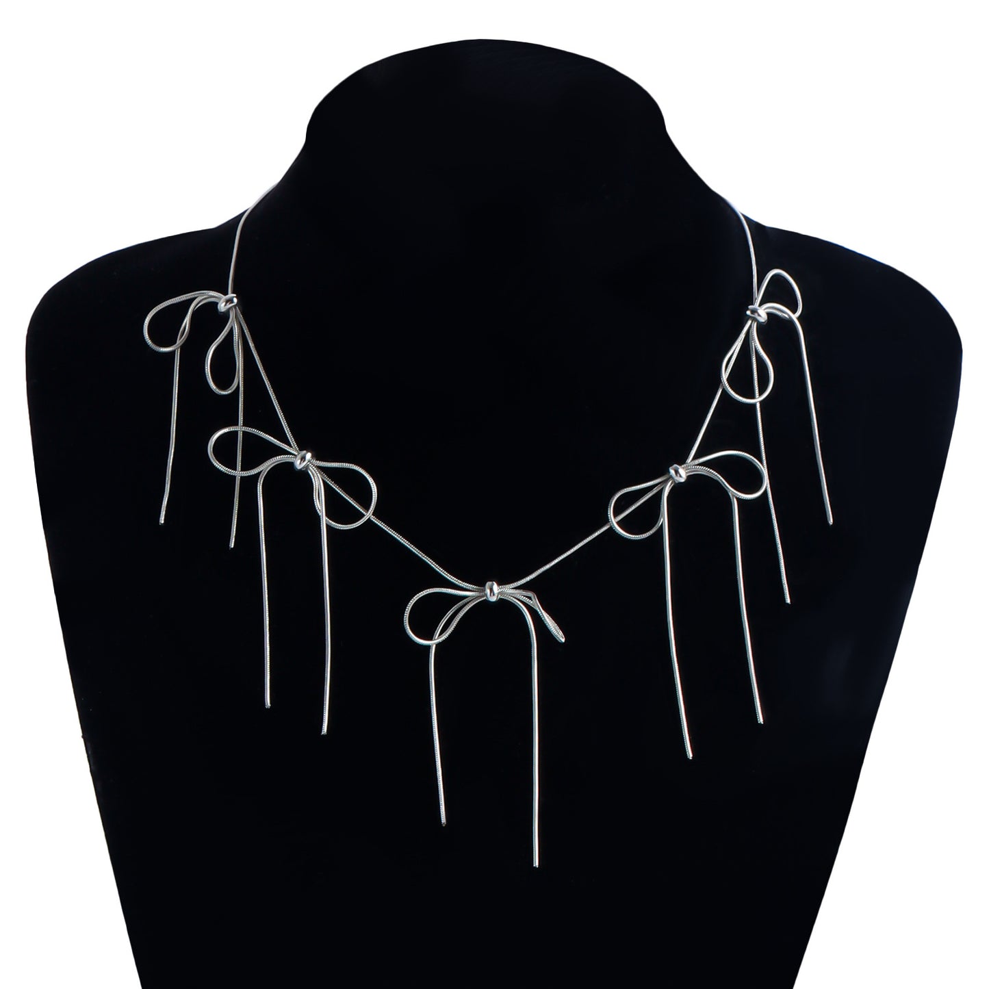 Fashionable Bowknot Tassel Pendant Necklace with Geometric Design on Polished Metal Snake Chain for Women