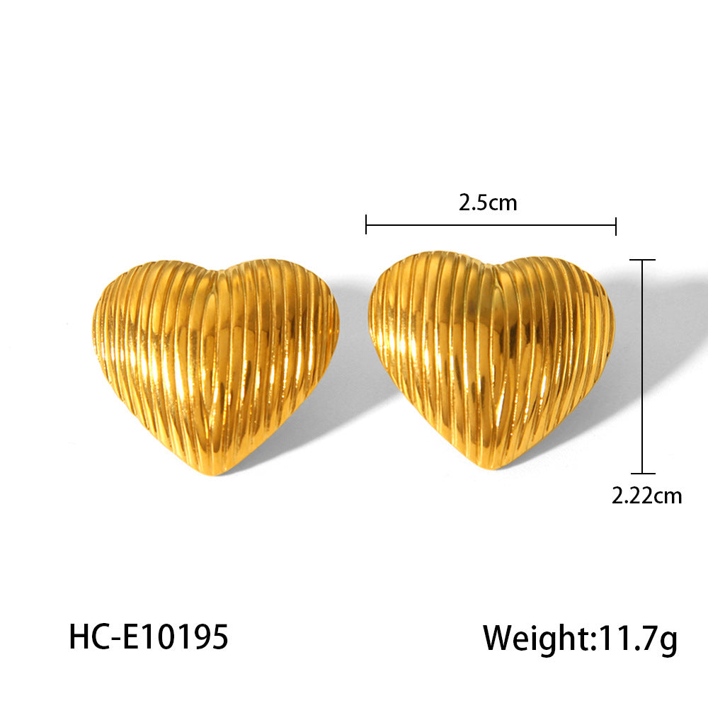 Trendy Minimalist Heart Shaped 18K Gold Plated Stainless Steel Earrings with Linear Texture for Women