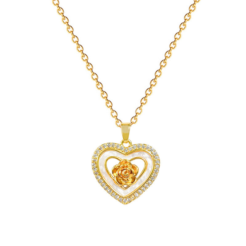 Sweet Elegant Heart Rose Shell Rhinestone Pendant Titanium Steel Necklace for Women
