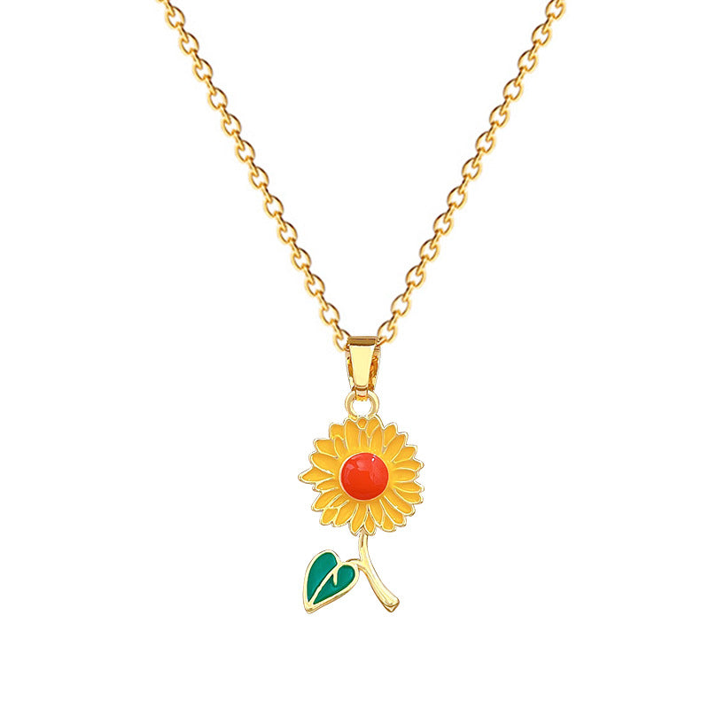 Sweet Elegant Drip Oil Floral Moon Rhinestone Pendant Necklace Titanium Steel Cable Chain for Unisex