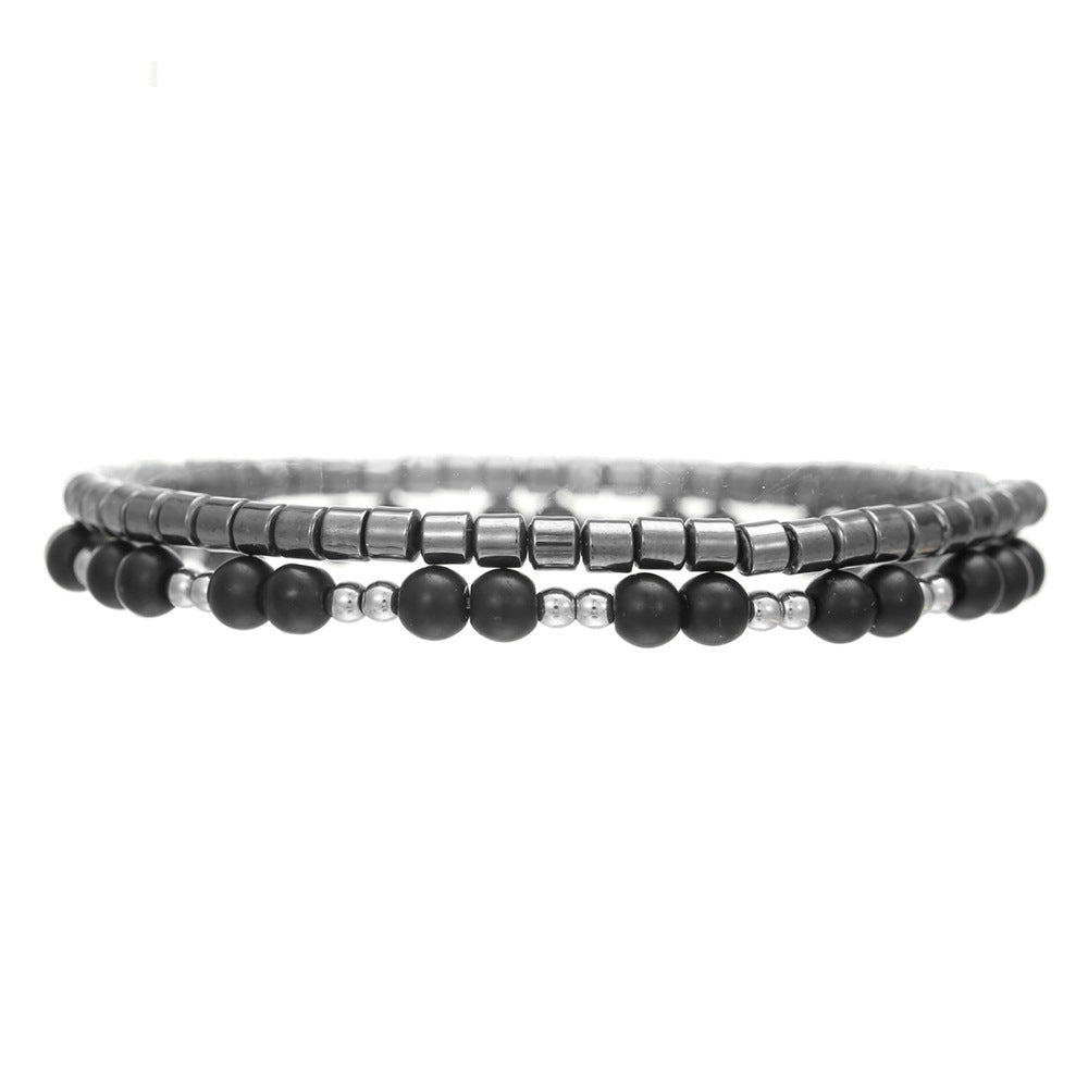 Hip-hop Handmade Geometric Cross Round Hematite Bracelet Set for Unisex