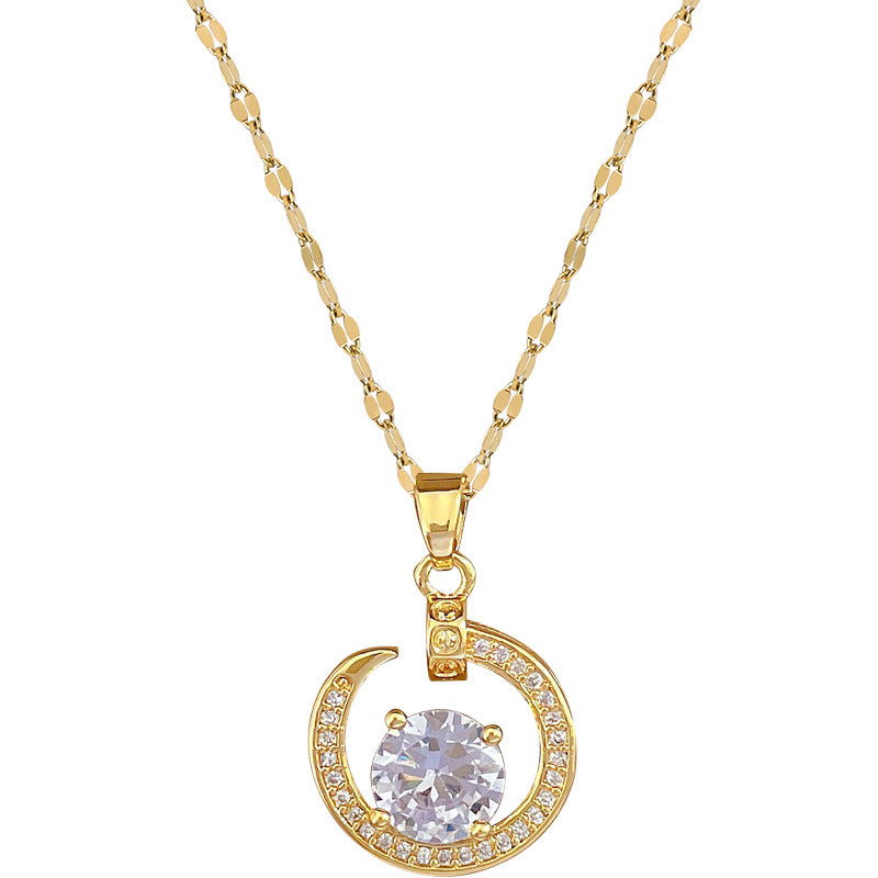 Collana Minimalista Unisex in Acciaio al Titanio a Forma di Luna con Intarsio di Zirconi, Catena Leggera per Clavicola