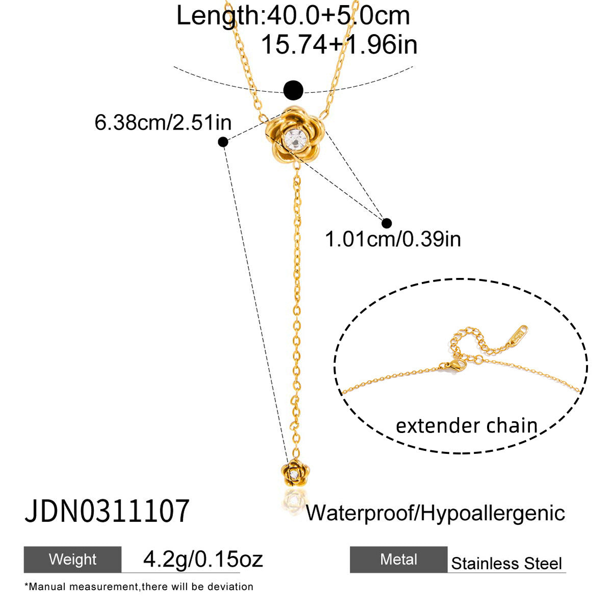 18K Gold Plated Stainless Steel Geometric Rose Y-Chain Necklace for Women