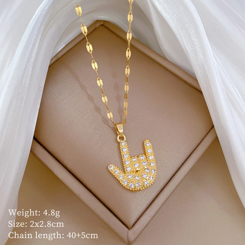 Four-Leaf Clover Rhinestone Pendant Necklace for Women Titanium Steel Irregular Chain Shell Locket Floral Style