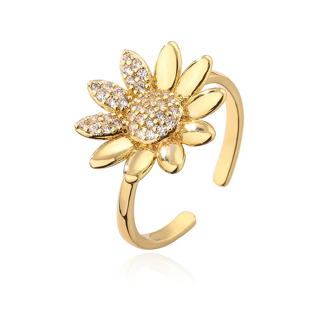 Anello Aperto Geometrico da Donna in Rame con Placcatura Oro 18K e Intarsio di Zirconi, Gioiello da Mano Irregolare e di Tendenza