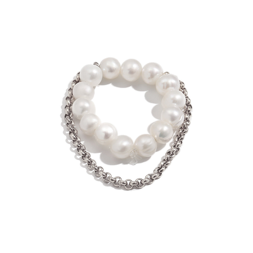 Luxury Minimalist 18K Gold Plated Stainless Steel Round Pearl Tassel Elastic Ring for Women