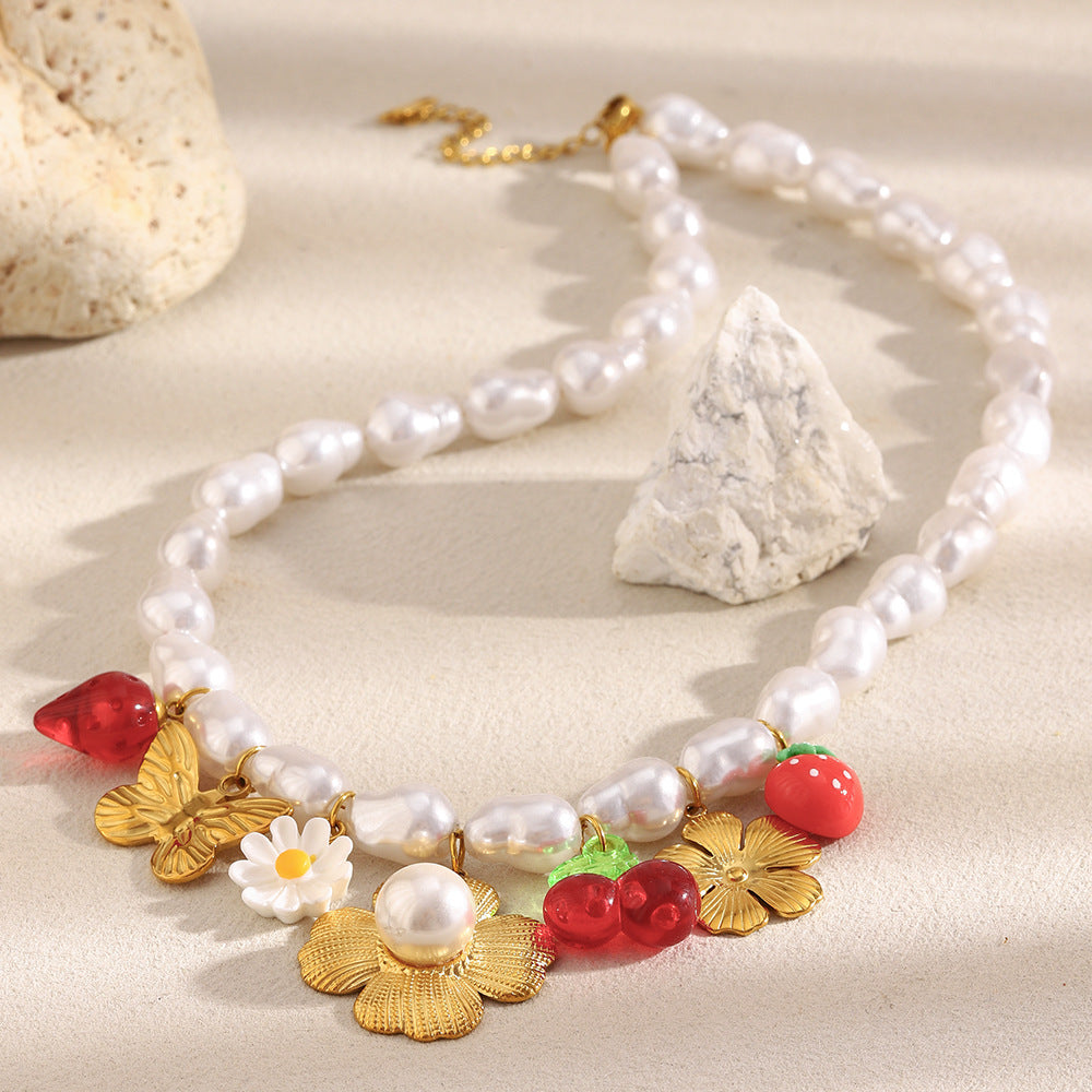 Baroque Floral Butterfly Pendant Necklace for Women in Stainless Steel with 18K Gold Plating and Simulated Pearl Accents