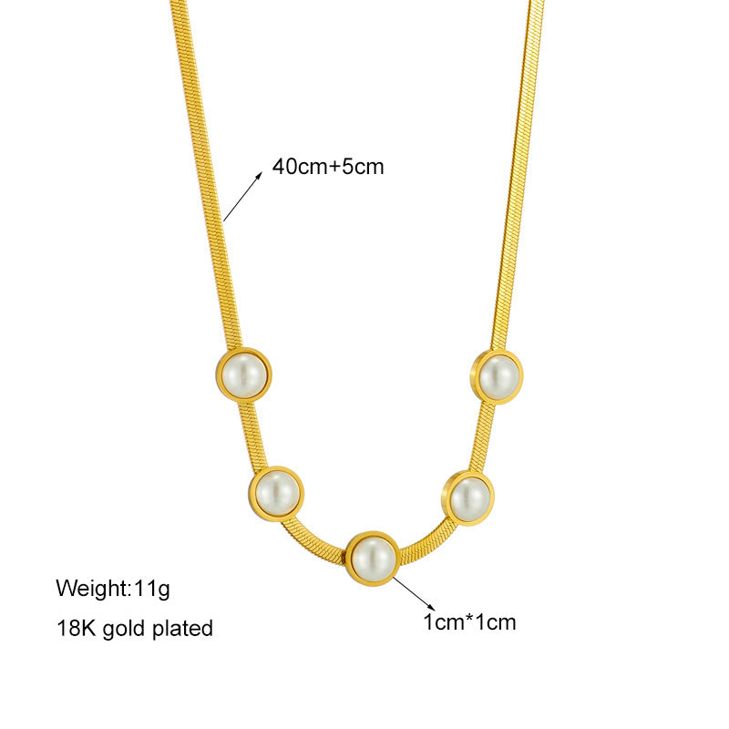 Minimalist Retro Geometric Titanium Steel Necklace with Pearl Accent on Snake Chain