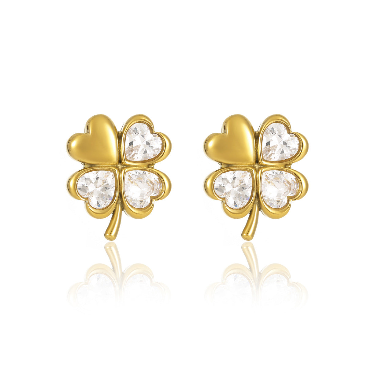 Pendientes Minimalistas de Acero Inoxidable para Mujer con Diseño de Trébol y Corazón con Zirconia Cortada, Chapados