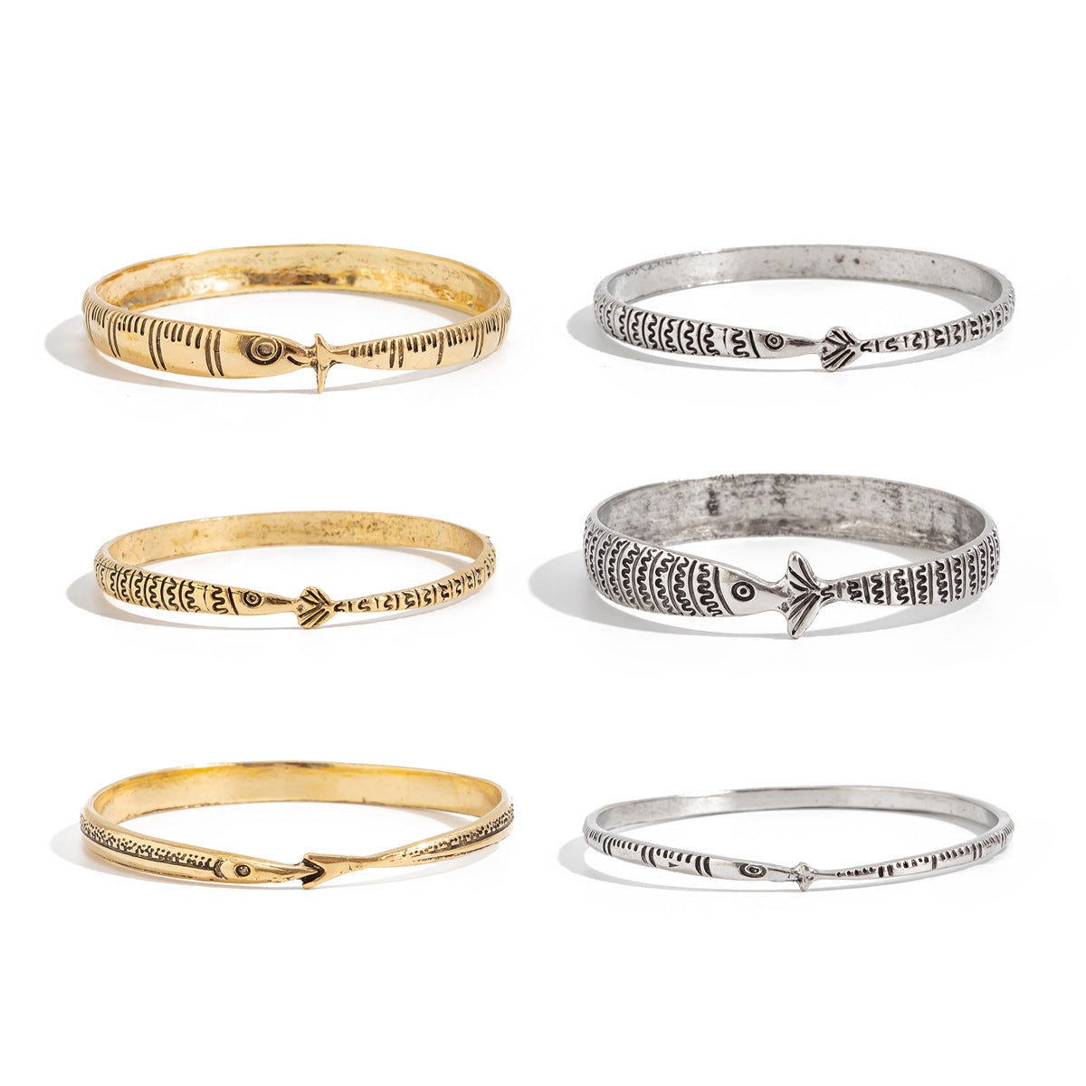 Vintage Streetwear Geometric Fish Pattern Plated Alloy Bracelet Set