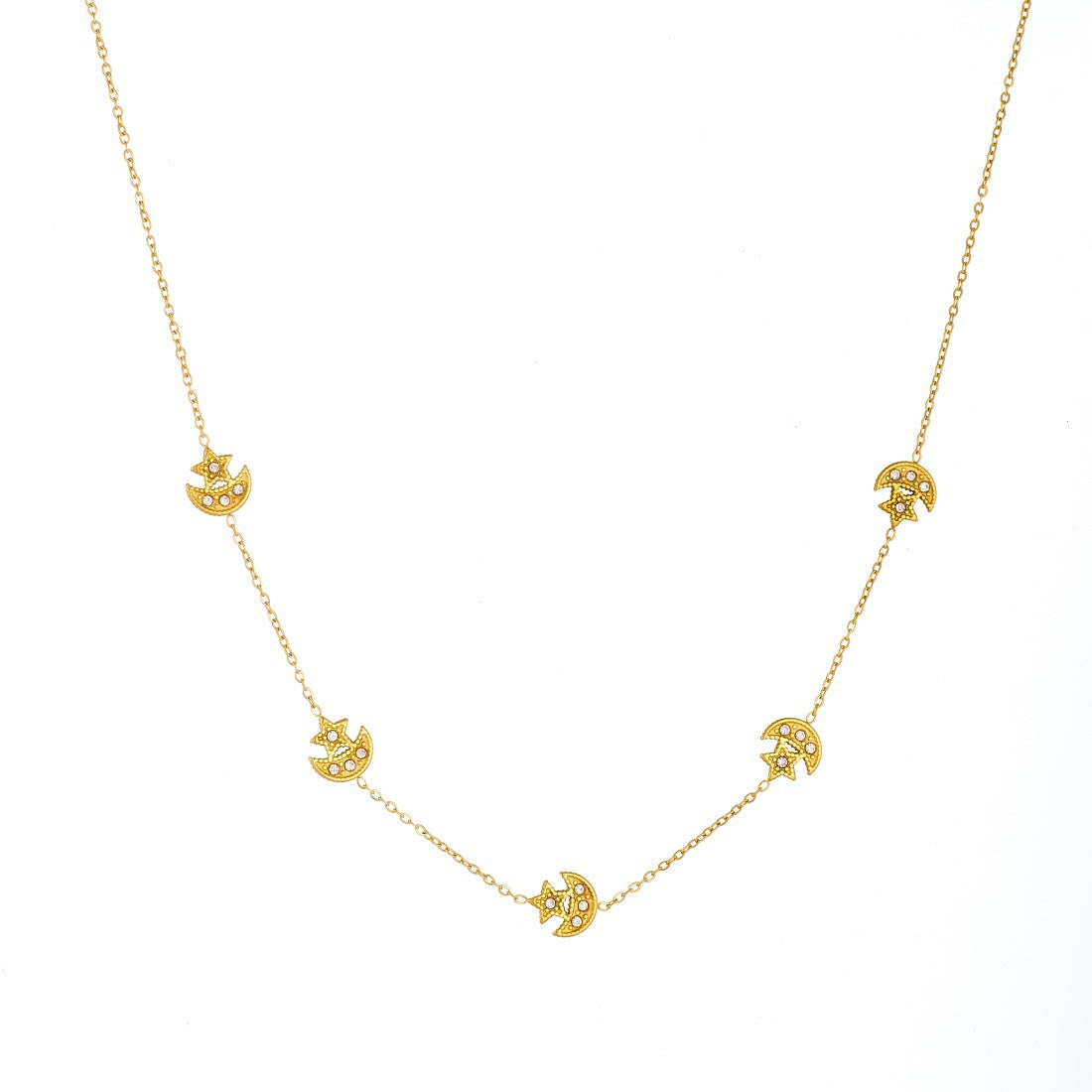 Minimalist Gold Plated Stainless Steel Star Moon Rhinestone Pendant Jewelry Set for Women