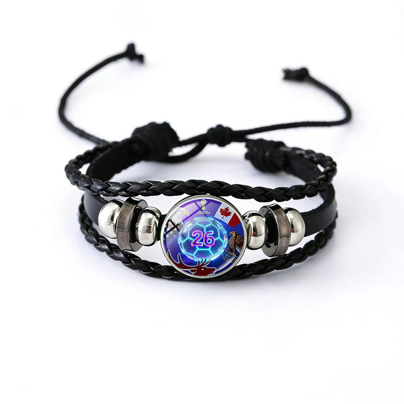 Vintage Geometric Round Black Leather Snap Button Bracelet Unisex Multi-layer Woven Fan Souvenir