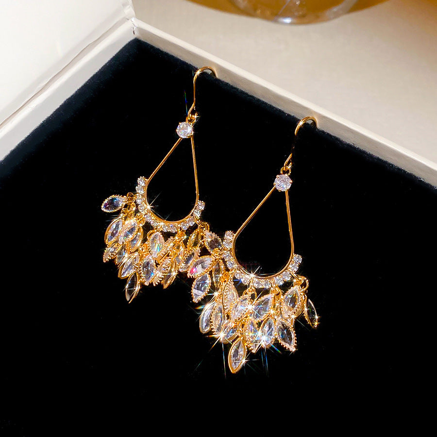Retro French Style Teardrop-Shaped Zircon-Inlaid Gold-Plated Copper Earrings with Tassel for Women
