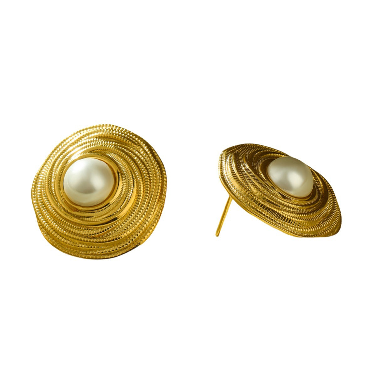 Orecchini di perle in stile vintage in acciaio al titanio con design a cerchio francese testurizzato e finitura galvanizzata