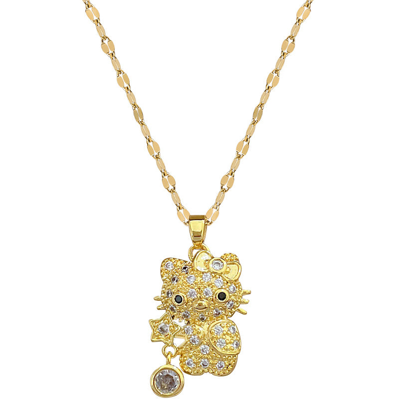Luxury Star Cat Zircon Pendant Necklace in Titanium Steel Geometric Design for Unisex