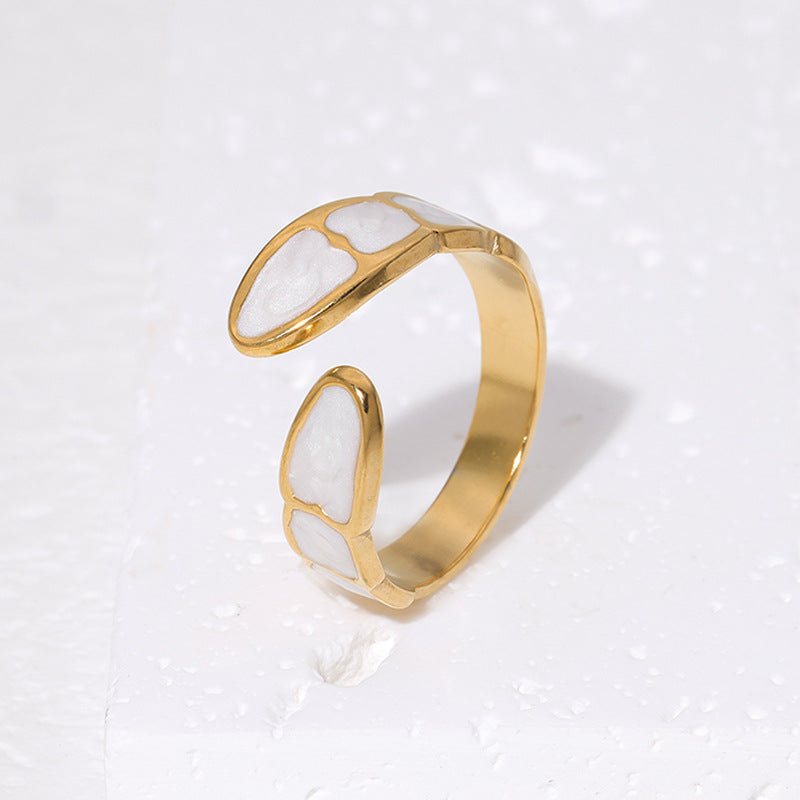 Anillo Abierto Minimalista Geométrico de Acero de Titanio con Acabado de Esmalte para Mujer, Banda de Estilo de Lujo Elegante y Versátil