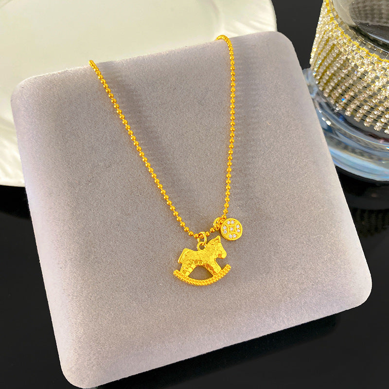 18K Gold Plated Geometric Horse Pendant Titanium Steel Ball Chain Necklace
