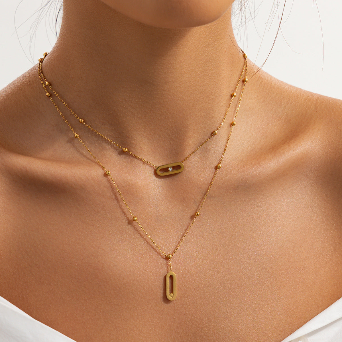 Luxury Elegant Geometric Round Pin Stainless Steel PVD Plated Layered Necklace for Women
