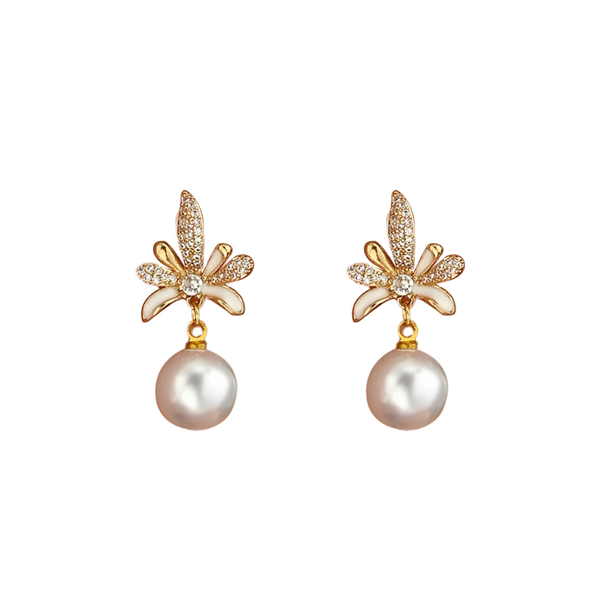 Pendientes minimalistas de cobre con forma de hoja de coco, incrustaciones de pedrería y detalles de perlas para mujer