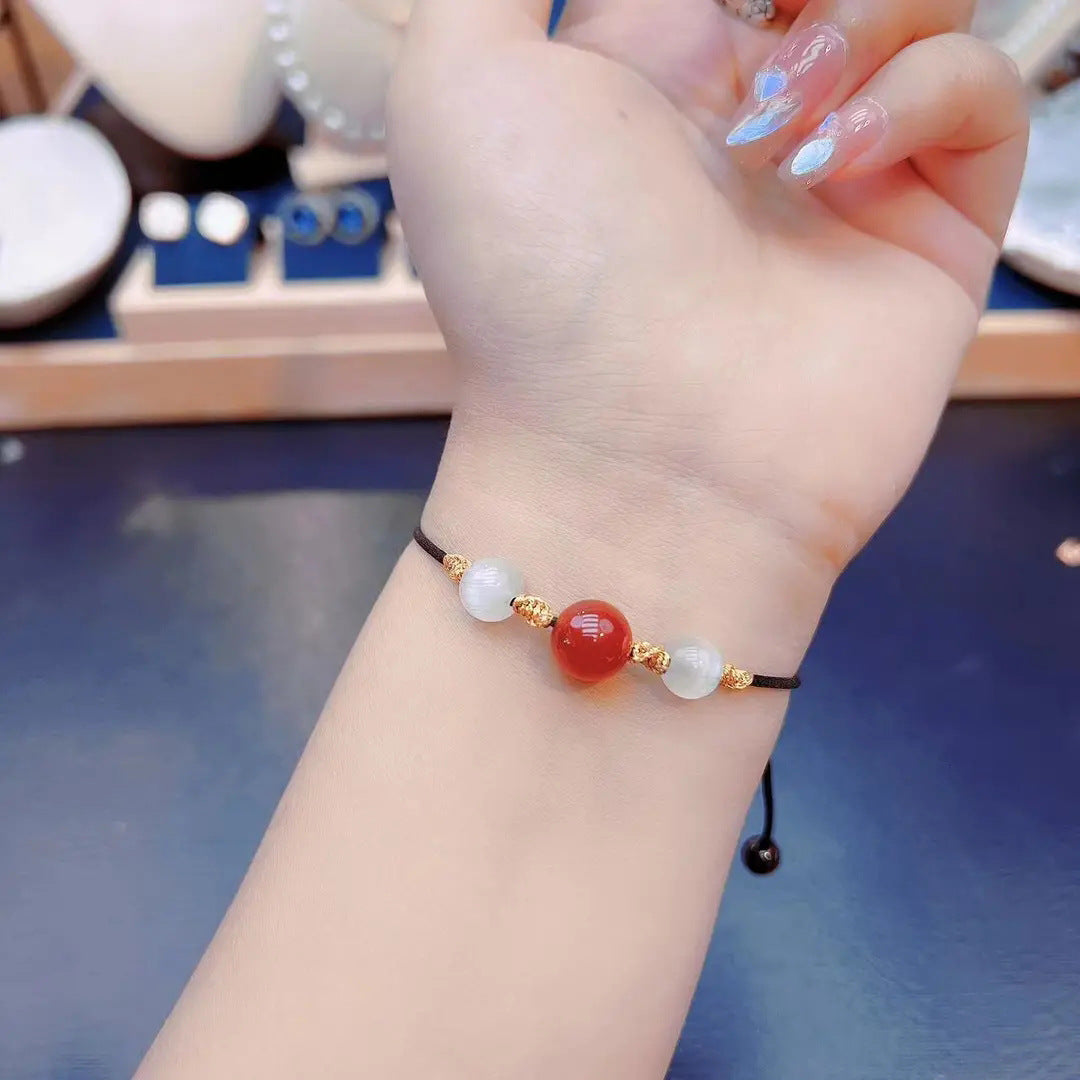 Collana da donna originale con design geometrico e agata, con perle di agata rossa, catena regolabile in corda, stile cinese, collana a clavicola