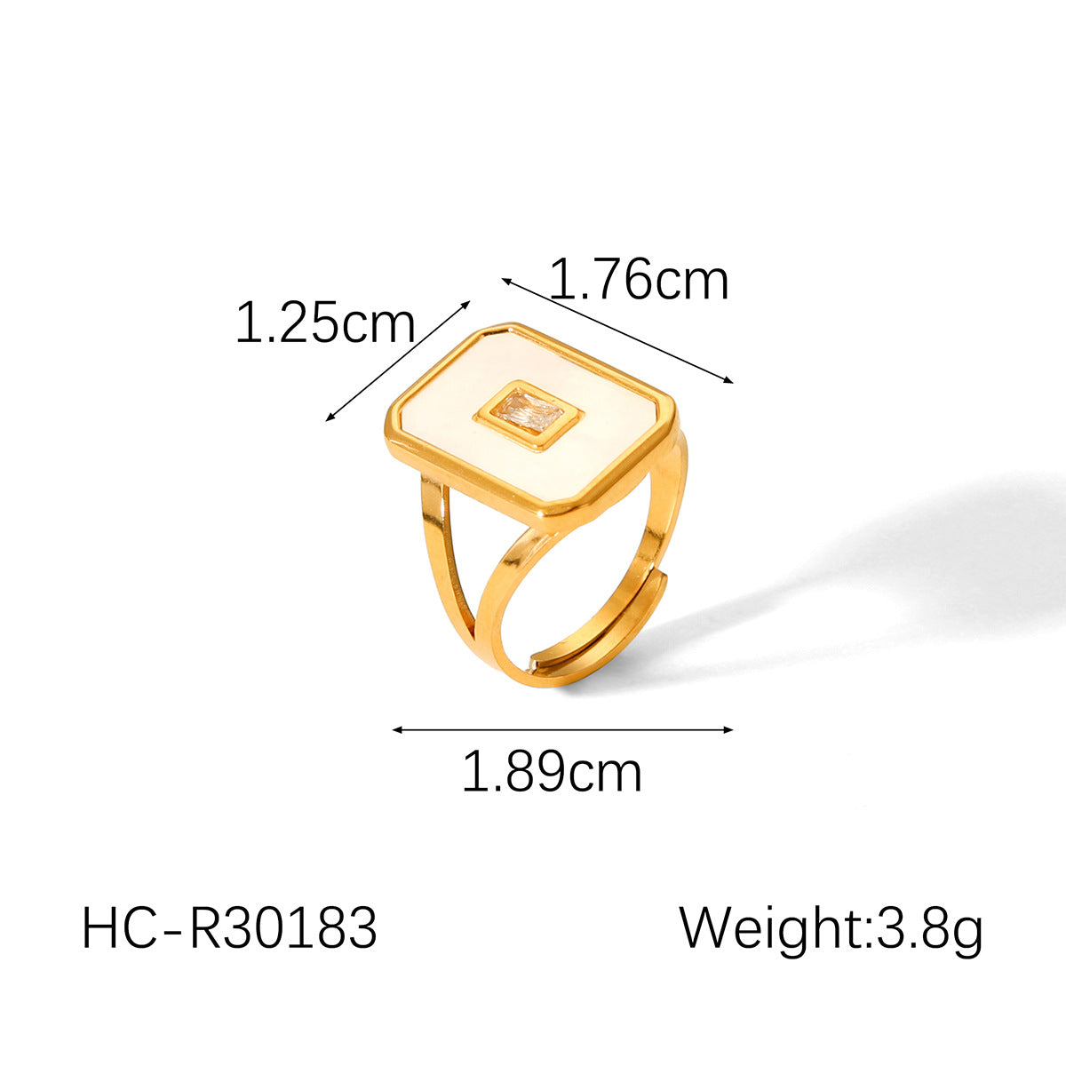 Anello geometrico in acciaio inossidabile da donna con placcatura in oro 18 carati, intarsio in madreperla bianca e accenti di strass